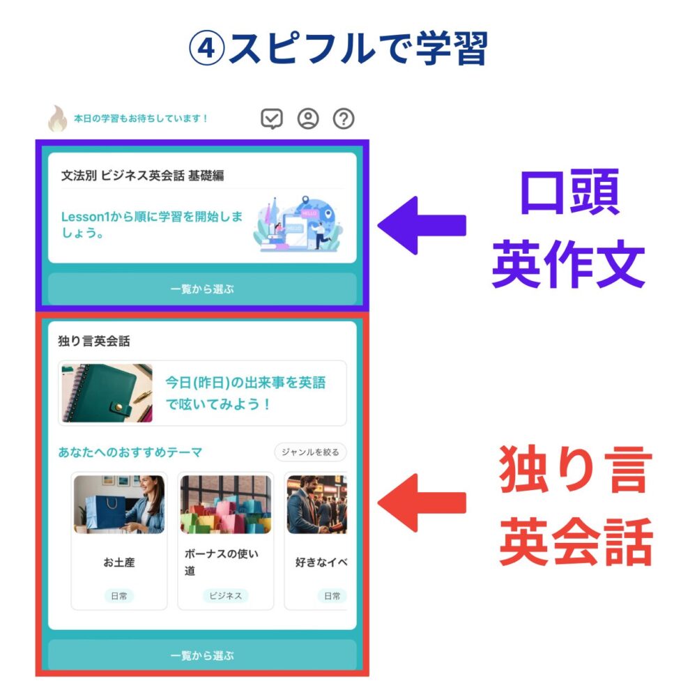 スピフルの実際の「口頭英作文」、「独り言英会話」の学習画面